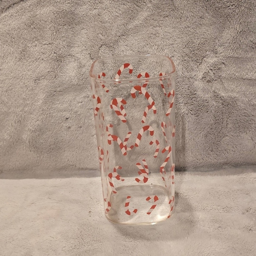 Candy Cane Print Glass Tumbler Soft Square Holiday Drinking Glass Clear Red